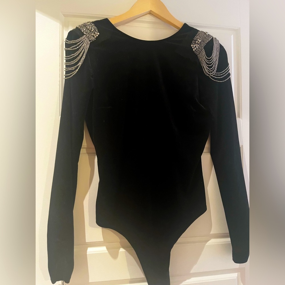 Beaded Chain-Shoulder Black Velvet Bodysuit